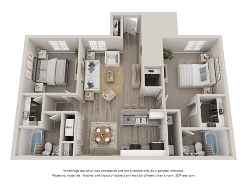Floor plan for 2 beds, 2 baths, 1050 sqft